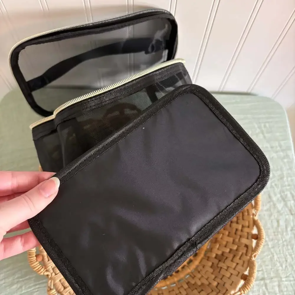 Black Mesh Travel Toiletry and Makeup Organizer Bag with Gold Zipper